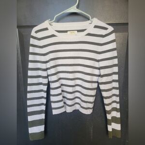 Anthropologie Maeve Olive Green and White Striped Sweater Size Medium Like New